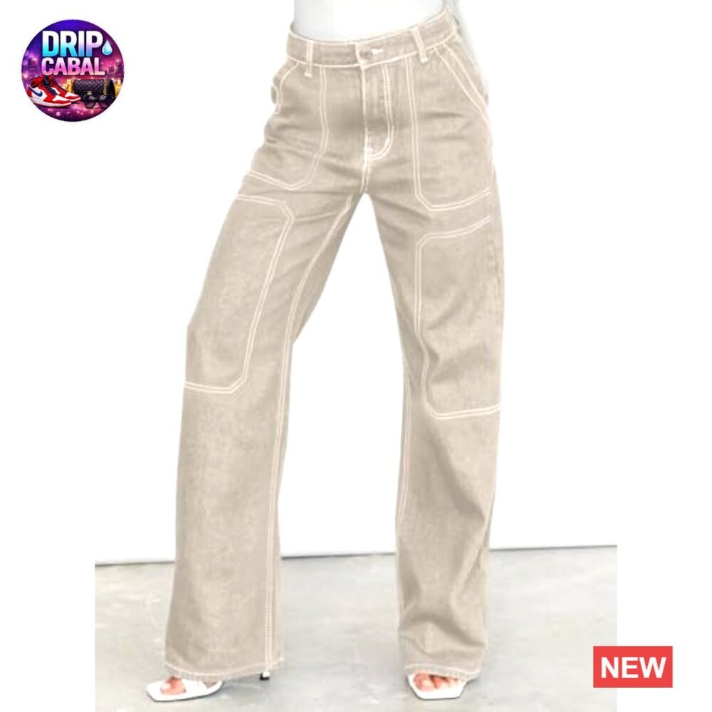 Wide Leg Cargo Jeans Stretch Denim Pants Casual Y2K Retro Chic - Picture 3 of 7